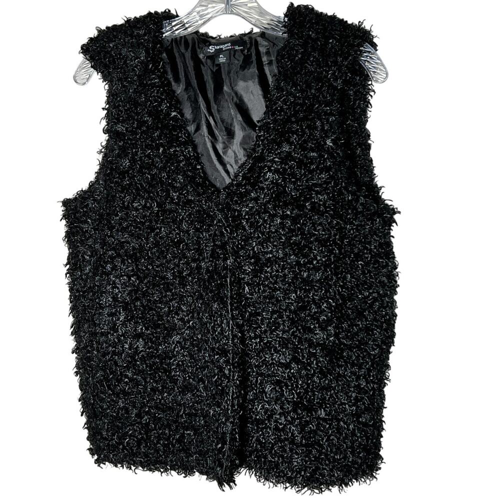 Sharagano Studio Fuzzy Black Vest Petite Large with Hood and Pockets